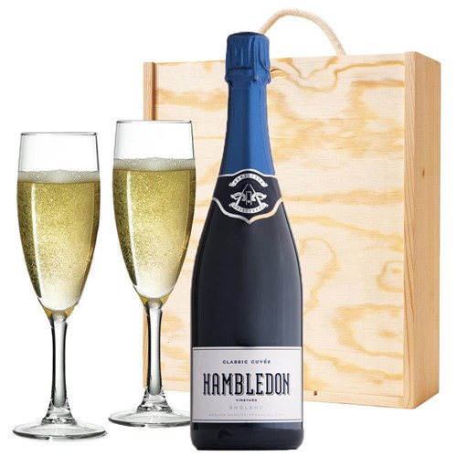 Hambledon Classic Cuvee English 75cl And Flutes In Pine Wooden Gift Box